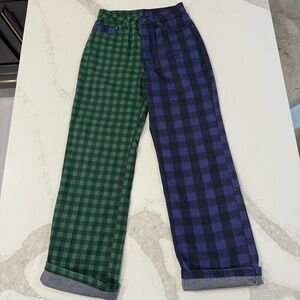 The Ragged Priest Mixed Plaid HighRise Checkered Dad Jean Womens 26 Green/Purple